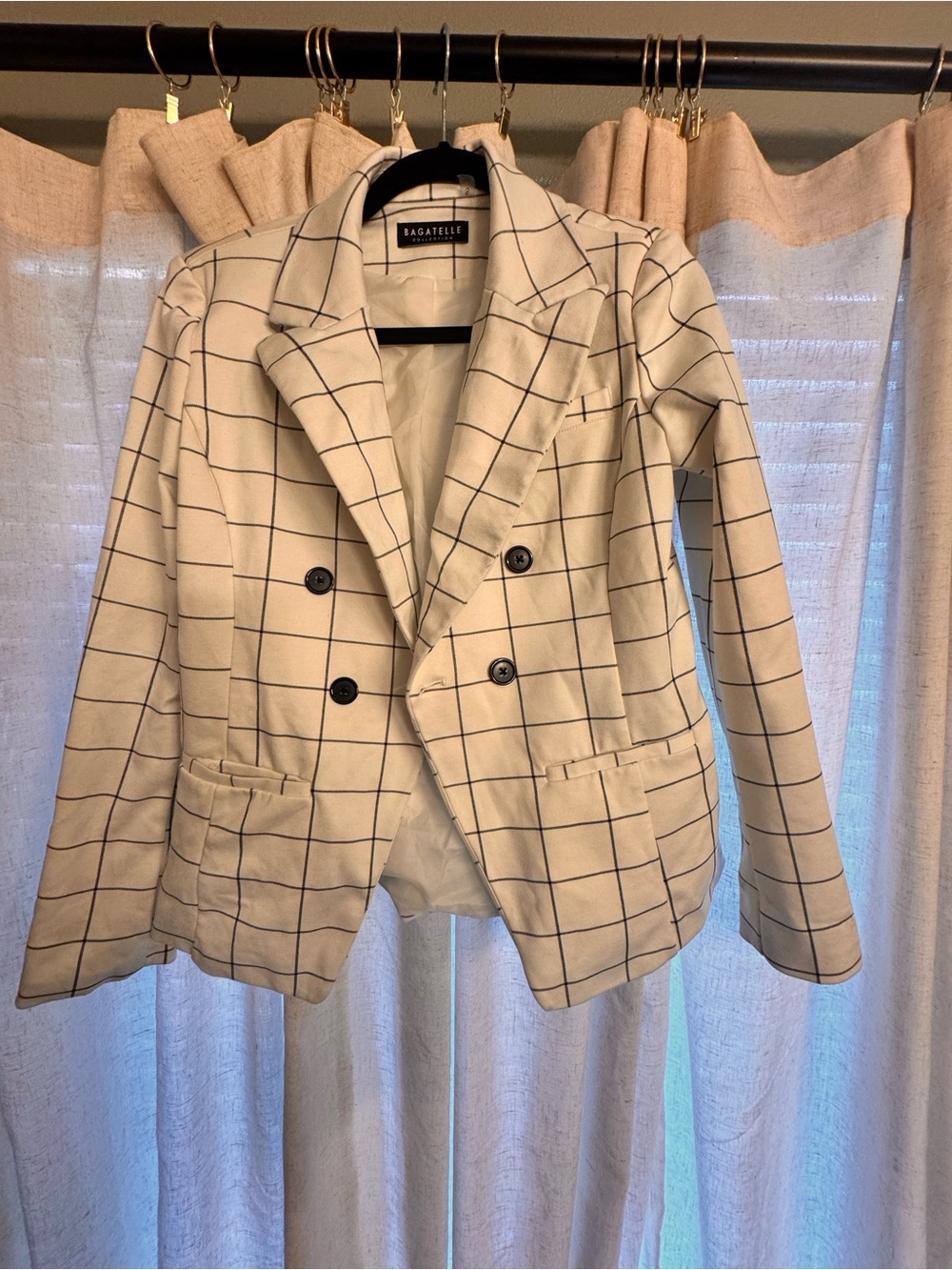 bagatelle Cream Windowpane Double-Breasted Blazer with Black Grid